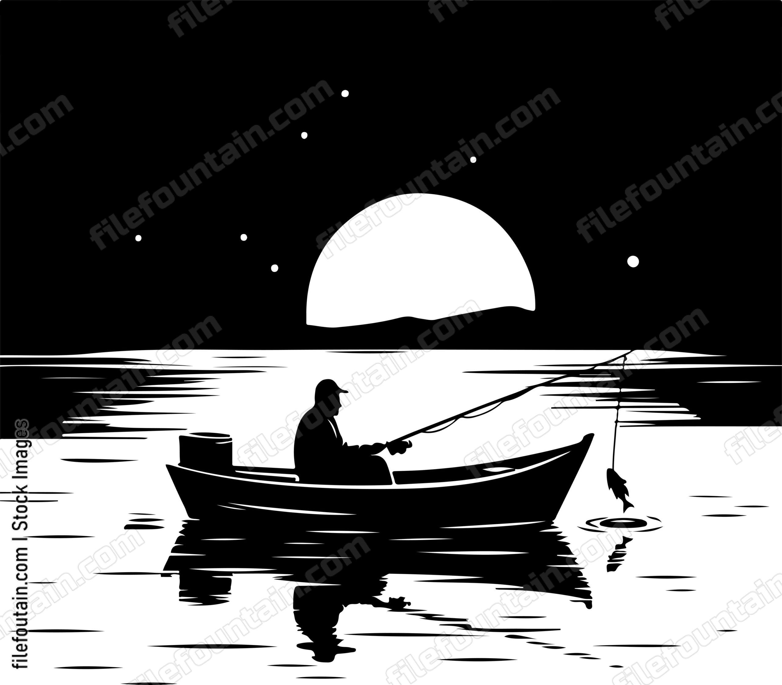 Lake at night with the silhouette of a lone fisherman on a small boat