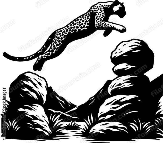 Leopard leaping gracefully from one boulder to another