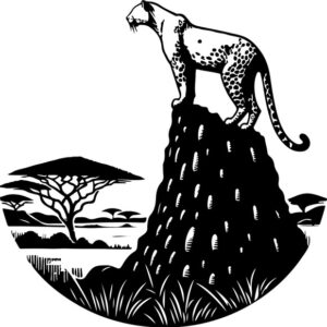 Leopard surveying its vast territory from atop a termite mound