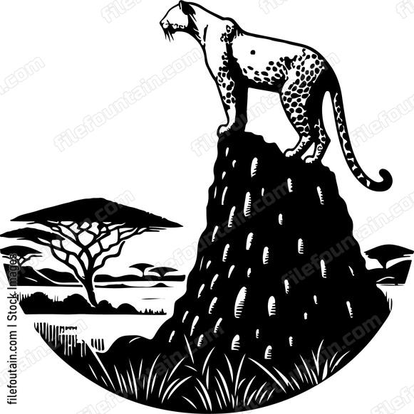 Leopard surveying its vast territory from atop a termite mound