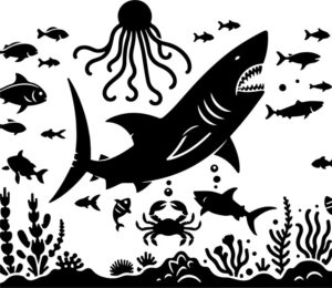 Shark in a playful encounter with other marine creatures