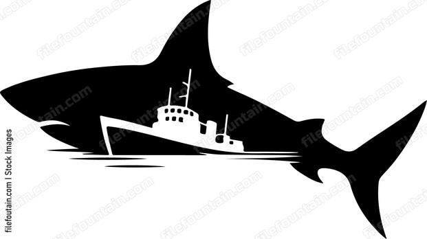 Shark navigating through a shipwreck