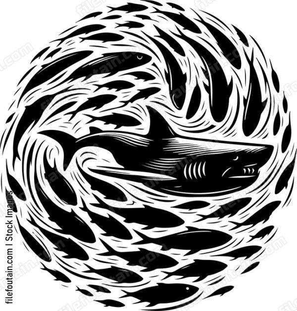 Shark surrounded by a swirling vortex of fish