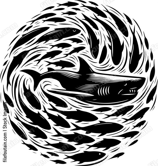 Shark surrounded by a swirling vortex of fish