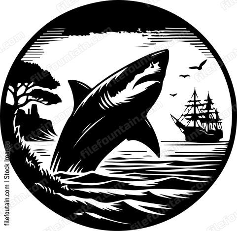 Sharks silhouette against a backdrop of a distant pirate ship