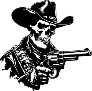 Cowboy skull aiming revolver