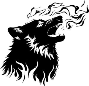 Flames engulf angry wolf head