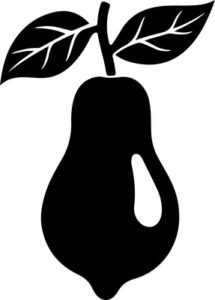 Pear fruit with stem and leaves